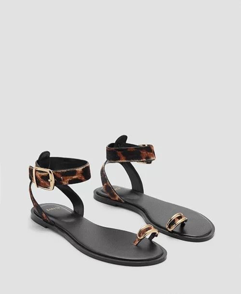 Mango Leopard Print Gold Toe Ring Leather Flat Sandals Black 38 US 7.5-8 NEW